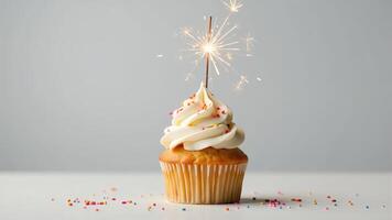 Cupcake With Sparkler On White Table photo
