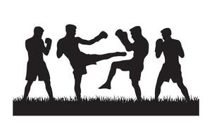 Silhouettes of men kicking boxing on grass vector