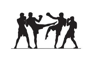 Silhouettes of men kicking boxing on a white background vector