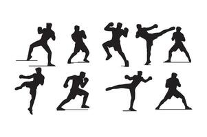 Silhouettes of men in various poses doing various exercises vector