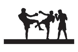 Silhouette of three men kicking boxing vector