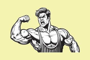 A black and white drawing of a man flexing his muscles vector