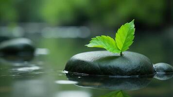 Green Sprout Growing On Rock In Water photo