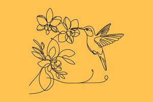 Continuous line drawing of a hummingbird and orchid vector
