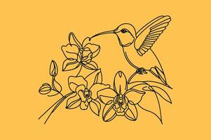 Hummingbird with orchid on yellow background vector