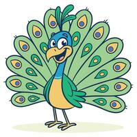 A cartoon peacock with feathers on its back vector