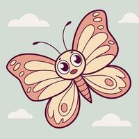Adorable smiling butterfly character joyfully flutters amidst fluffy clouds against a tranquil blue backdrop vector