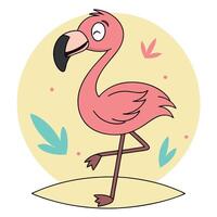 A cartoon flamingo standing on a beach with leaves vector