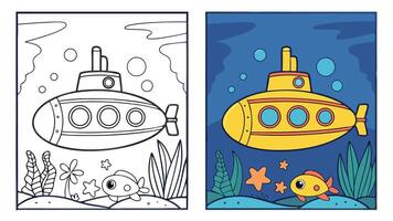 Coloring book with submarine and fish vector