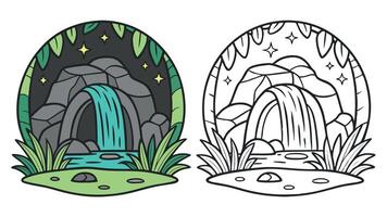 Two cartoon drawings of a waterfall and rocks vector