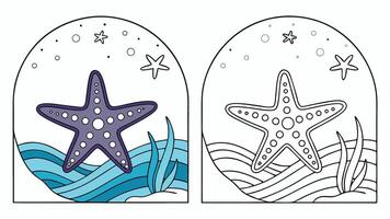 Starfish coloring page with ocean waves vector