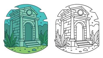 Two illustrations of a stone building and a stone arch vector