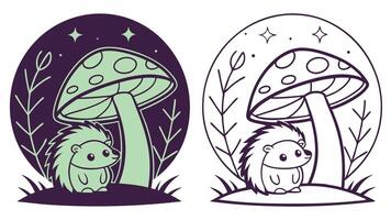 Two hedgehogs in the forest with mushrooms vector
