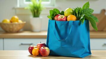 Blue Grocery Bag Filled With Produce photo