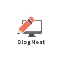 Blog nest logo with computer and pencil icon vector