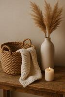 Wicker basket with knitted blanket photo