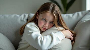 Sad Girl Hugging Pillow On Couch photo