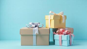 Stack Of Presents Against Blue Background photo