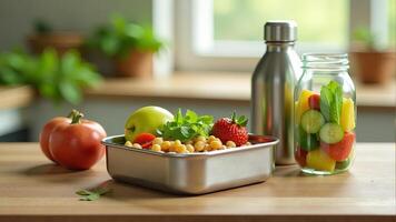 Healthy Lunchbox With Chickpeas And Fruit photo