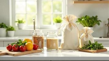 Eco-Friendly Groceries Arranged On A Kitchen Counter photo