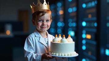 Smiling Boy With Cake Wearing Crown photo