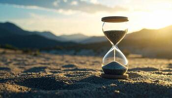 An hourglass sitting on the sand in front of a mountain photo