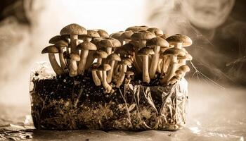Mushrooms growing in a plastic container photo