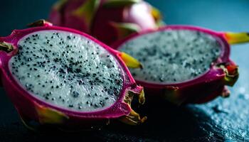 Two dragon fruit halves are cut open photo