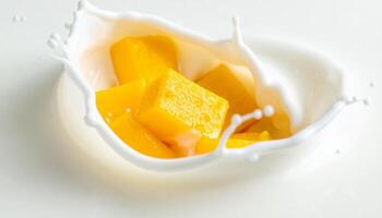 Mango cubes in milk splash photo
