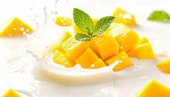 Mango slices with milk and mint leaves photo