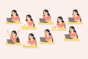 Woman at Desk Series of Actions with Laptop vector