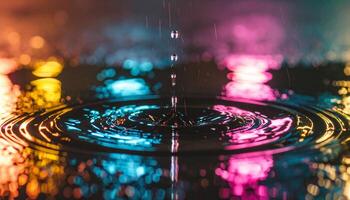 Raindrops on a black background with colorful lights photo