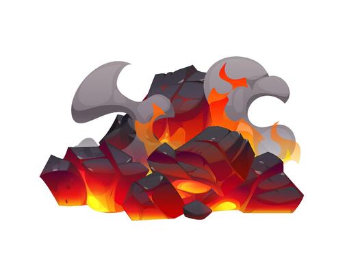 Fire flames on coal, fireplace charcoal burn ember