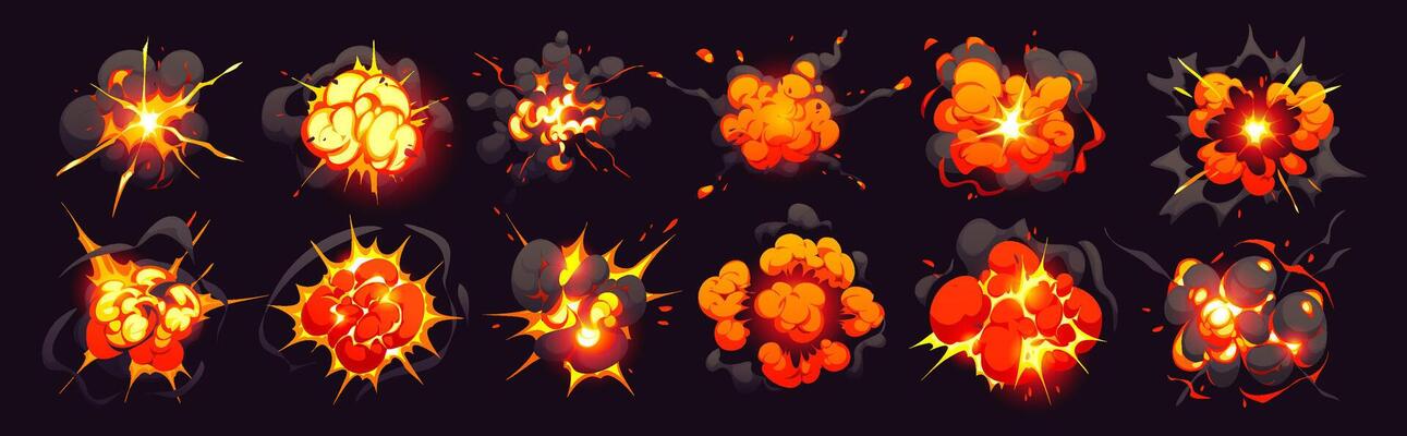 Bomb blast explosion effect, cartoon boom clouds
