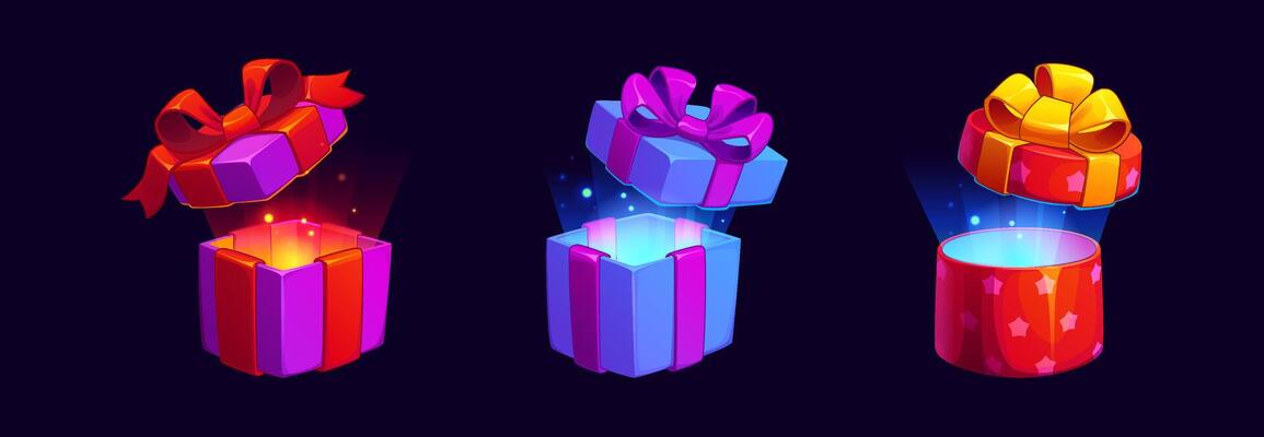 Gift box game icons, cartoon surprise boxes