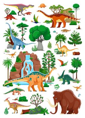 Prehistoric era dinosaur characters, plants, trees