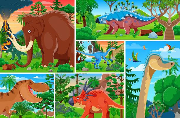 Cartoon prehistoric dinosaur characters set
