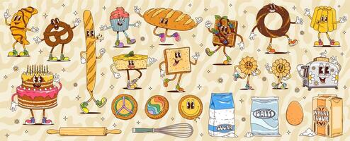 Cartoon groovy bakery, bread and pastry characters vector