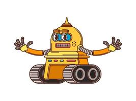 Cartoon groovy retro robot character on wheels vector