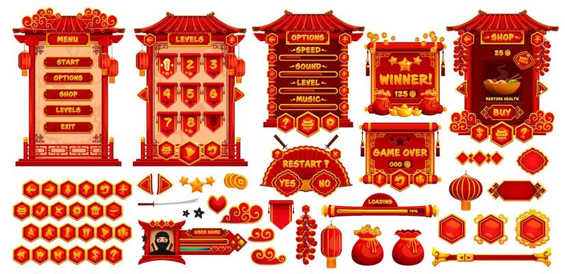 Chinese gui game user buttons and frames asset