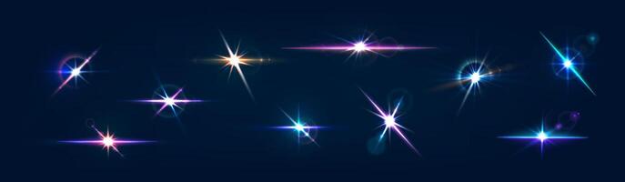 Flash flare glow effect, star light 3d set vector