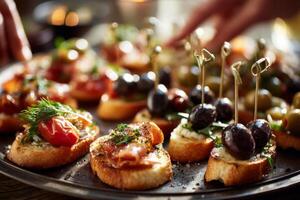Appetizers on wooden tray with olives and cheese photo