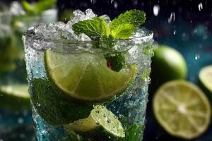 Mojito cocktail with lime, mint and ice photo