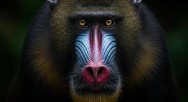 A close up of a monkey with a red nose photo