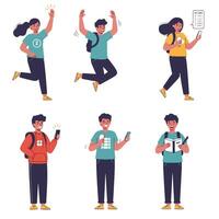 Diverse students with mobile device and notebook vector