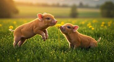 Two little pigs playing in the grass with a dandelion photo