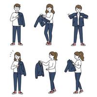 People putting on outerwear poses style vector