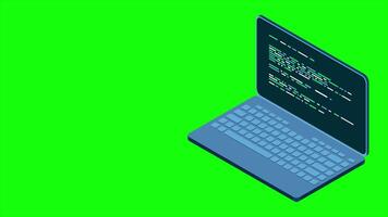 Isometric laptop animation. 3d isometric laptop computer. Abstract programming language and program code on a laptop screen. 4K animated in isometric style. video
