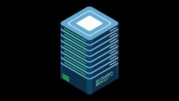 Isometric server animation. Network server room. 3D computer equipment. Storage database. Isometric technology. Transparent background with alpha channel. video