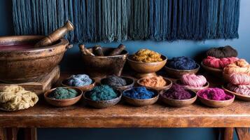 On a simple wooden table bowls filled with naturally sourced dyes create a rainbow of hues. A soaking tub brims with freshly dyed fibers dripping color into the awaiting basin. Nearb photo